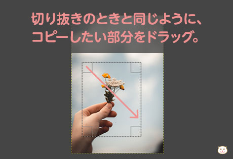 切り抜きのときと同じように、 コピーしたい部分をドラッグ。