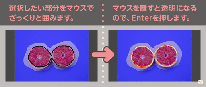 選択したい部分をマウスで ざっくりと囲みます。マウスを離すと透明になる ので、Enterを押します。